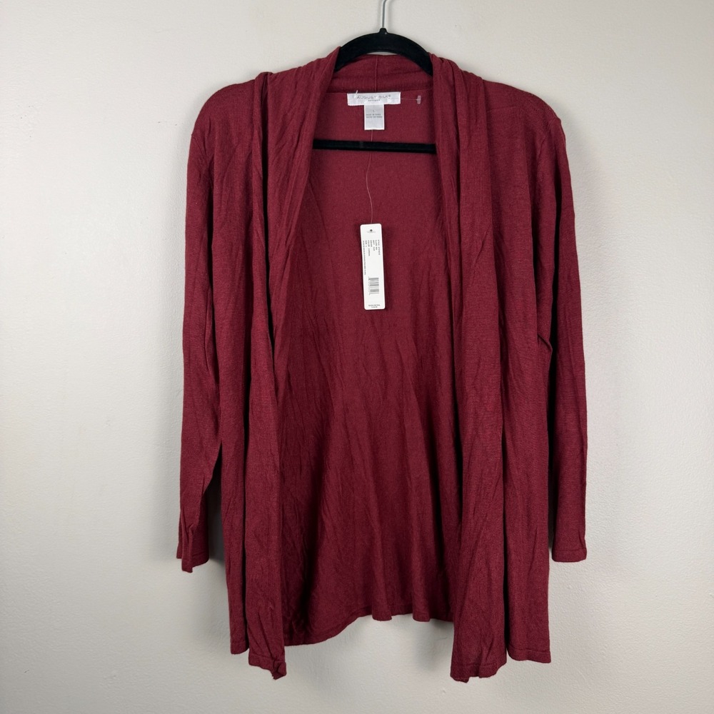 August Silk Cardigan Sweater Women's Large Maroon Long Sleeve Knitted Open Front